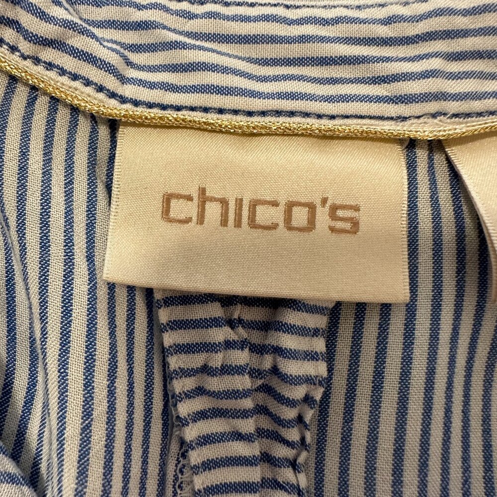 Chicos Womens Collared Full Long Sleeve Blue and White Top Sz 8R - Picture 3 of 8